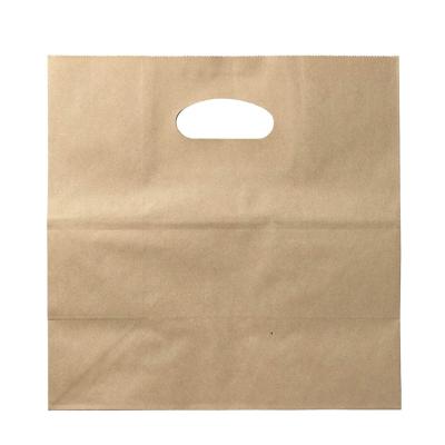 China 300gsm Large 33x33 Personalizas Gusset Squares Recyclable Bottom Wide Base Food Cut Out Luxury Kraft Paper Bag With Die Cut Handle for sale