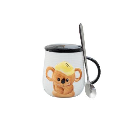 China Lovely Sustainable Koala With Lid Spoon Ceramic Mug Embossed Mug Student Drinking Mug Gift Office Animal Coffee Mug for sale