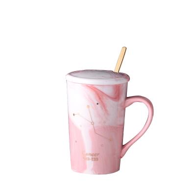 China Disposable Nordic simple marble 12 constellations real gold pattern ceramic cup with cover spoon lovers cup can be customized logo for sale