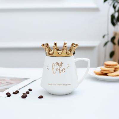 China Disposable Simple Nordic Crown Ceramic Cup Covered Mug Gift Gold Plated Cup Coffee Mug Couples Coffee Cup for sale