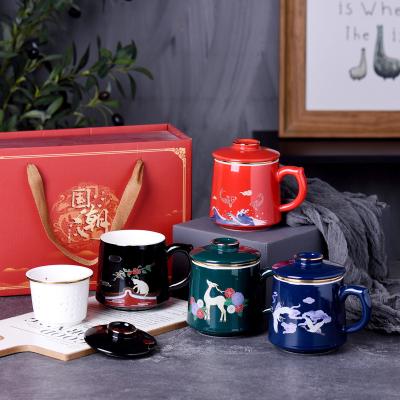 China Retro Viable High Grade Chinese Style Tea Drinking Water Cup Ceramic Water Mug Cup With Cover In Desktop for sale