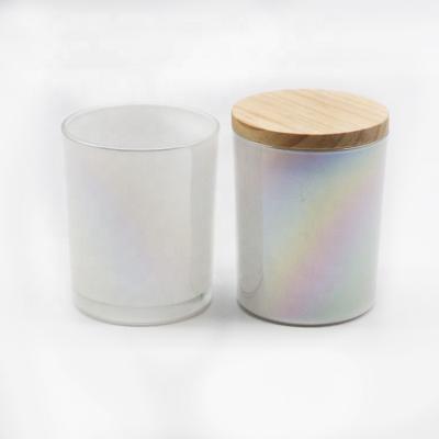 China ECO-frendly 4oz8oz10oz12oz Wholesale Candle Glass Iridescent Jar White Jar Candle With Wooden Lid for sale