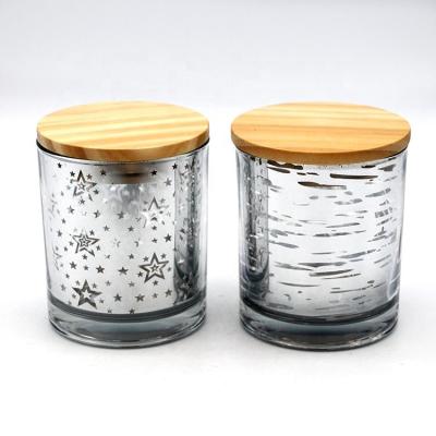 China ECO-frendly Hot Selling Wholesale 4oz8oz10oz12oz Holographic Electroplating Silver Glass Candle Holder With Wooden Lid for sale