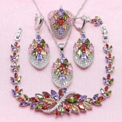 China Romantic Silver Dubai Jewelry Set Of 2021 Multi Color Stones For Women Bracelet Earrings Ring Necklace Pendant for sale