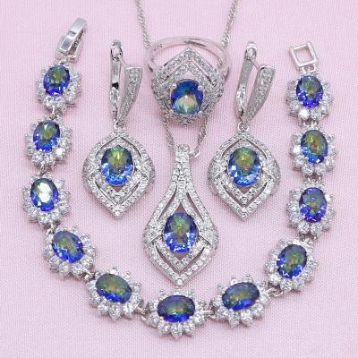 China CLASSIC Rainbow Stones Dubai Silver Jewelry Set For Women Bracelet Earrings Ring Necklace Pendant 2021 New for sale