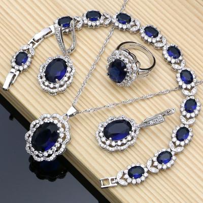 China CLASSIC Bohemia Silver Bridal Jewelry Sets Blue Stone Costume Jewelry For Women Bracelet Set Earrings Ring for sale