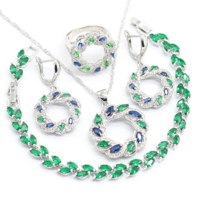 China CLASSIC Blue Green Silver Dubai Jewelry Set Of Stones For Women Bracelet Earrings Ring Necklace Pendant for sale