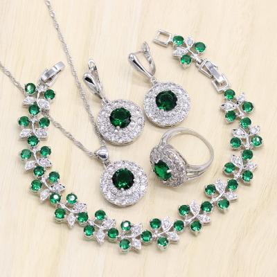 China TRENDY green stones women silver color jewelry sets earrings necklace rings pendant bracelets for bridal set for sale