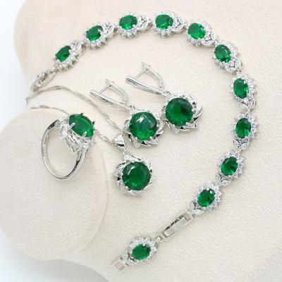 China CLASSIC Green Stones Silver Color Jewelry Sets For Women Necklace Earring Bridal Ring Bracelets Gift Box for sale