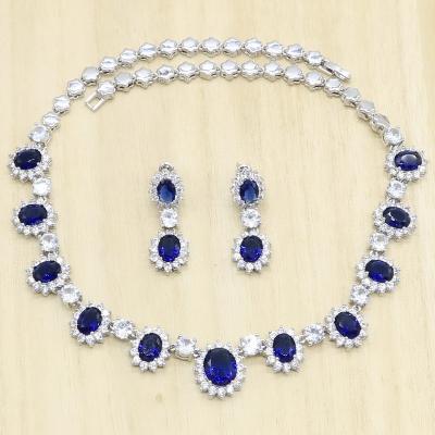 China TRENDY Bridal Silver Jewelry Sets For Women Necklace Earrings Blue Semi Precious Anniversary Gift 45cm for sale