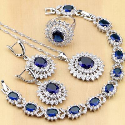 China CLASSIC Blue Zircon White Silver Jewelry Sets For Women Party Earrings/Pendant/Necklace/Rings/Bracelet for sale