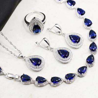 China CLASSIC Blue Sapphire Water Drop Bracelets Earring Ring Silver Jewelry Sets For Women Pendant Gift for sale