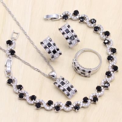 China TRENDY Dubai Silver Jewelry Sets Black White Circle Earrings Bracelet Women Stones Pendant Necklace Ring Gift for sale