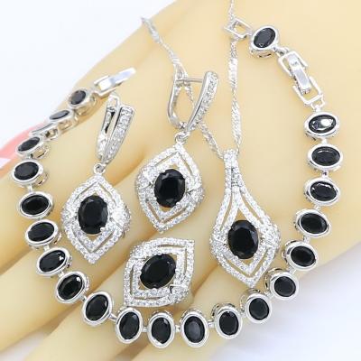 China TRENDY Black Zircon White Gold Jewelry Sets For Women Wedding Necklace Ring Gift Box Pendant Bracelet Earrings for sale