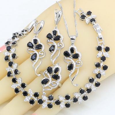 China Romantic Black Zircon White Gold Plated Jewelry Sets For Women Bracelet Necklace Ring Gift Box Dangle Earrings for sale