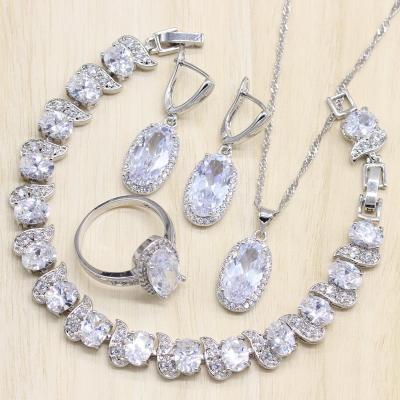 China CLASSIC White Zircon Silver Jewelry Sets For Women Party Earrings Necklace Rings Pendant Bracelet for sale