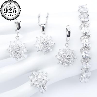 China CLASSIC White Silver Zirconia Women Bridal Jewelry Sets Dubai Bracelets Rings Earrings Pendant&Necklace Set for sale