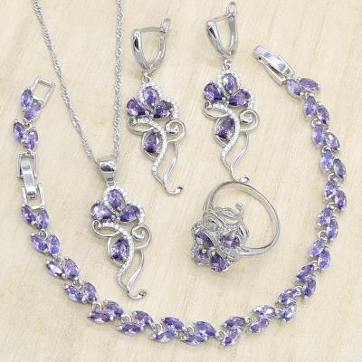 China TRENDY Wedding Silver Purple Zircon Jewelry Sets For Women Earrings Necklace Rings Bracelet Pendant Gift 2021 for sale