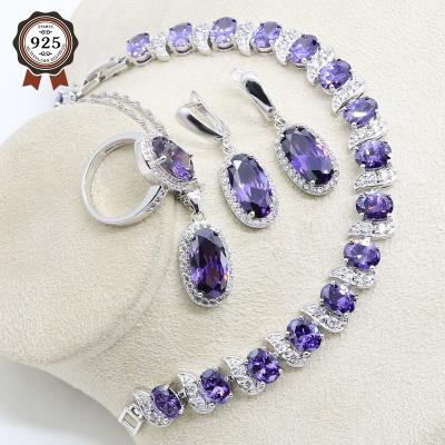 China TRENDY Women Silver Color Jewelry Set Long Oval Purple Zirconia Ring Bracelet Earrings Pendant Necklace Sets Gift for sale