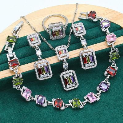 China CLASSIC Geometric Multicolor Zircon 925 Silver Jewelry Sets For Women Wedding Necklace Ring Christmas Gift Pendant Earrings Bracelet for sale