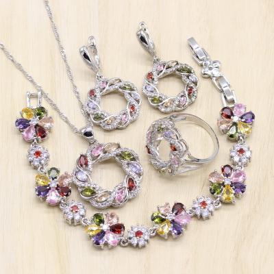 China CLASSIC Silver Color Jewelry Multi Color Zircon Jewelry Sets For Women Earrings Pendant Necklace Ring Bracelet for sale