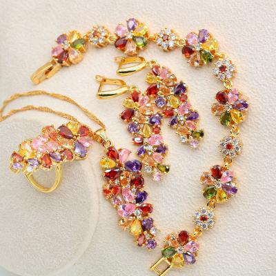 China TRENDY Multi Color Zirconia Gold Plated Jewelry Sets For Women Bridal Earrings Ring Pendant Bracelets Wedding Gift Necklace for sale