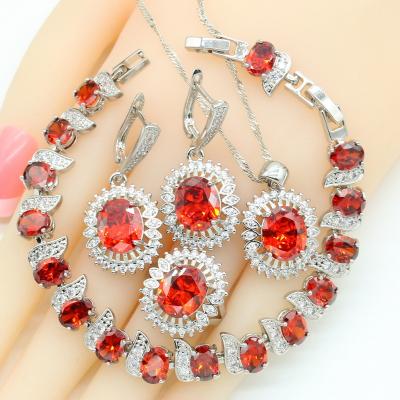 China FASHIONABLE Red Silver Color Dubai Zirconia Bridal Jewelry Sets For Women Earrings Green Blue Necklace Bracelet Rings Pendant Gift Box for sale