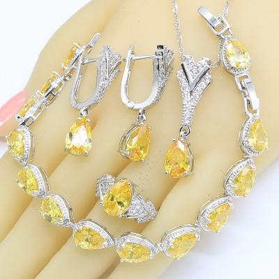 China CLASSIC Water Drop Yellow Zircon 925 Silver Jewelry Sets For Women Bracelet Necklace Ring Dangle Earrings Birthday Gift for sale