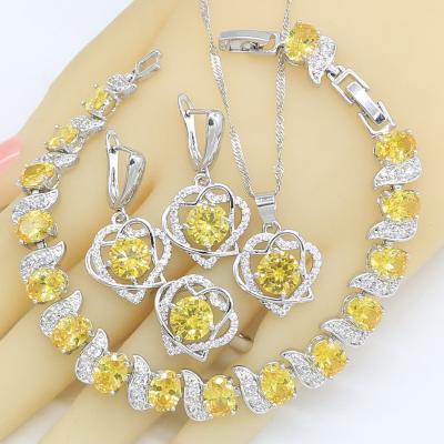 China Silver Heart TRENDY Yellow Zircon Jewelry Sets For Women Wedding Bracelet Earrings Rings Necklace Pendant Gift Box for sale