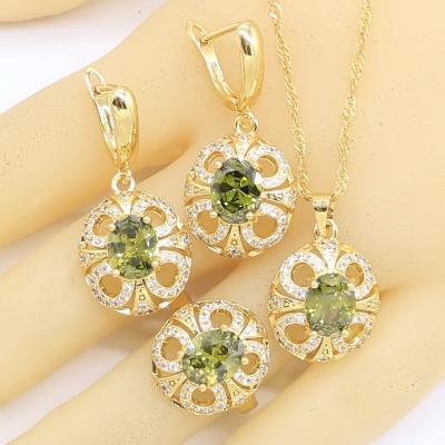 China New TRENDY Olive Green Zircon Gold Color Jewelry Sets For Women Earrings Necklace Rings Pendant Gift Box for sale