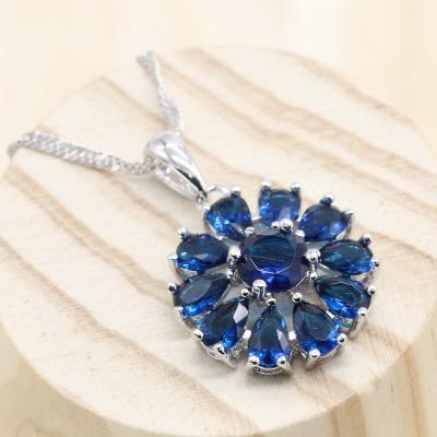 China CLASSIC Flower Shape Stones Necklace Blue Red Pendant Charm For Women White Gold Plated Female Jewelry for sale