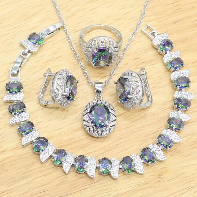 China TRENDY Rainbow Oval Topaz 925 Silver Jewelry Sets For Women Wedding Bracelet Necklace Circle Dangle Earrings Ring Birthday Gift for sale