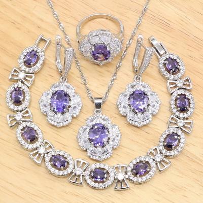 China FASHIONABLE Luxury Purple Zircon 925 Sterling Silver Wedding Jewelry Sets for Women Necklace Ring Birthday Gift Pendant Earrings Bracelet for sale