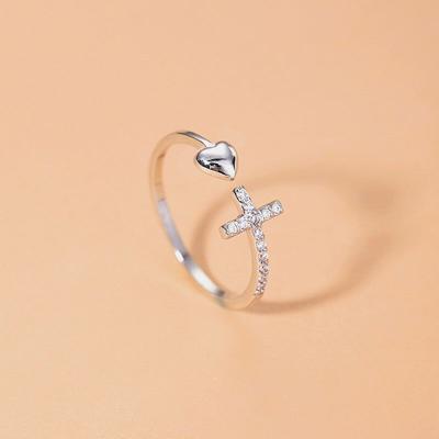 China TRENDY Trendy Simple Jewelry Non Tarnish Adjustable CZ Wrapped Open Ring 925 Sterling Silver Heart Cross Ring For Women for sale