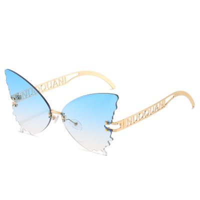 China Custom Luxury Women Metal Teardrop Butterfly Sunglasses Newest Fashion GLASSES 2021 Butterfly Sun Glasses Shades Rimless Glass for sale