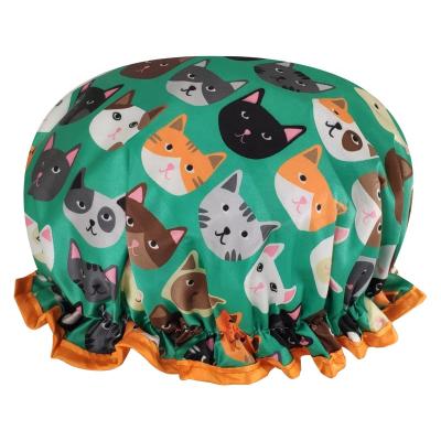 China Factorydirect Cartoon Shower Hats Double Layer Elastic Satin Cats High Quality Viable Elastic Shower Cap Low MOQ Big Enough for sale