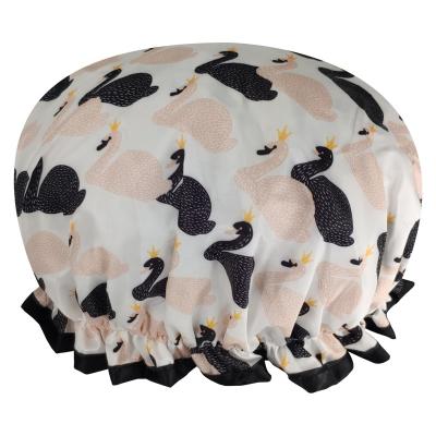 China Factorydirect Cartoon Shower Hats Double Layer Elastic Satin Swan High Quality Elastic Shower Cap Low MOQ Big Enough for sale