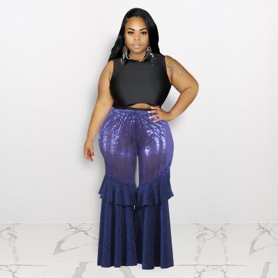 China Super Waist Shiny Sequins Elastic Women's Breathable Clothes Ruffle Patchwork Wide Leg Pants Trousers for sale