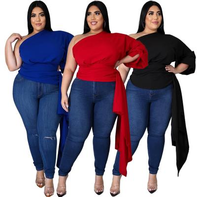 China Plus size XL-5XL new fashion solid color shoulder puff sleeve high quality oblique top for sale