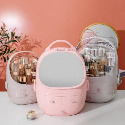 China Multifunctional USB Lighted Rechargeable LED Lights Makeup Storage Box Portable Cosmetic Organizer Make Up Storage Box With Mirror for sale