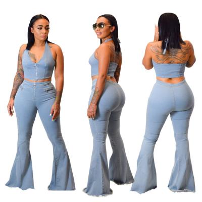 China 2020 Hot Sale Women Breathable Stylish Denim 2 Piece Set Sexy Crop Top Summer Halter Two Piece Set for sale