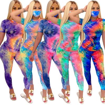 China 2020 Breathable Hot Sale Women Tie Dye Print Short Sleeve T-shirt Bodycon Panties Long 2 Piece Jogger Sets for sale