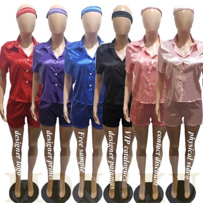 China Women Famous Brand Summer QUICK DRY Silk Pajama Set Satin Sleepwear 2 Pieces Sleepwear Set Short Luxury Print Suit Nightwear Pajama Set for sale