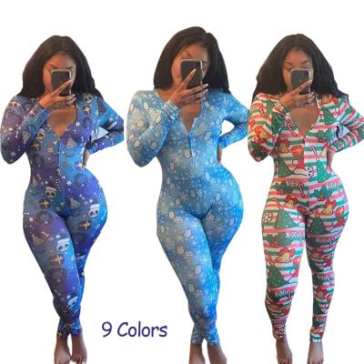 China 2020 New Design Women QUICK DRY Christmas Printed Onesie Long Pants Bodycon Onesie Pajamas Sexy Adult for sale