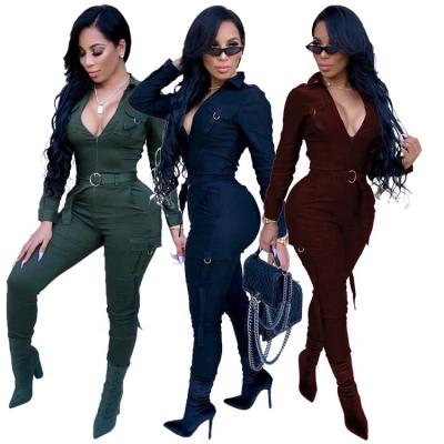 China Breathable Hot Selling Street Style Long Sleeve V-neck Solid Color Slim Fit Overall With Package Jumpsuit for sale