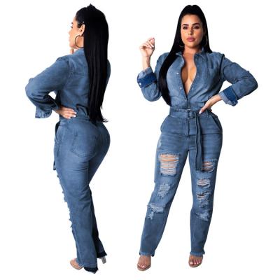 China Fashion Women Breathable Hot Selling Long Sleeve Jeans Romper Washed Hole Overall Denim Overalls With Belt for sale