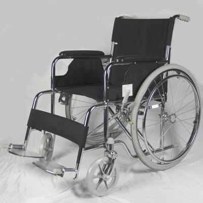 China Chromed Frame Folding Steel Wheelchair With Double Cross Bar for sale