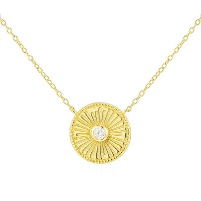 China FASHIONABLE Gemnel Custom 925 Silver Jewelry Gold Plated Solitaire Diamond Sunburst Coins Pendant Necklace for sale