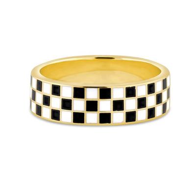 China TRENDY Gemnel Jewelry 925 Sterling Silver 14k Gold Enamel Ring Band Black And White Plaid Rings Fashion For Women for sale