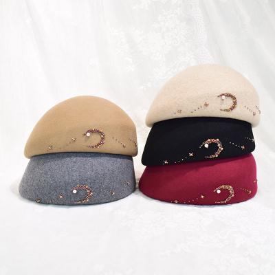 China Plush Customize 2021 New Beads Design Wool Felt Beret Hat Cap For Women Lady Fall Autumn Winter Fashion Warm Dress for sale